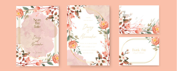 Pink peony vector elegant watercolor wedding invitation floral design. Watercolor wedding invitation template with arrangement flower and leaves