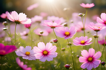 The Illusion of Summer Wildflowers Blooming Under the Sun: Beautiful Cosmos Flowers and Daisy generative ai