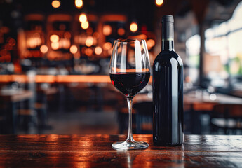 Glass of red wine with bottle against rustic dark on wooden table. Mock up for design - obrazy, fototapety, plakaty