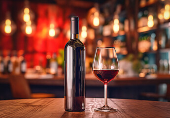 Glass of red wine with bottle against rustic dark on wooden table. Mock up for design