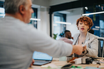 Obraz premium Cross generational team collaborates on business strategies, marketing, and sales in a pleasant office environment.