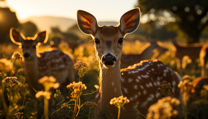 Cute deer grazing in meadow, surrounded by beauty generated by AI