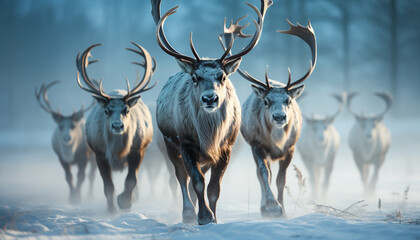 Majestic stag standing in winter snow covered forest generated by AI