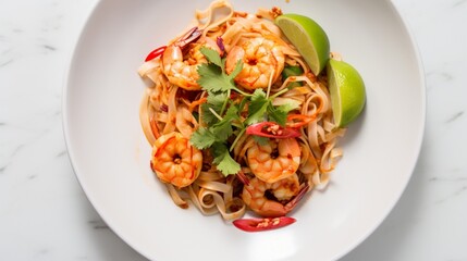 An overhead shot of Pad Thai with shrimp on a minimalist white plate, capturing the simplicity and elegance of the dish.