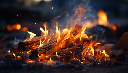 Flame ignites wood, creating a vibrant, glowing bonfire in nature generated by AI