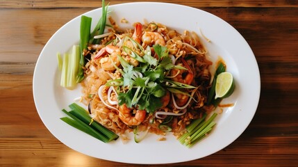 An overhead view of Pad Thai garnished with fresh lime wedges and sliced green onions, showcasing the intricate textures and colors.