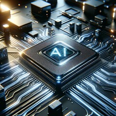 a close-up view of a computer chip with “AI” illuminated on it, indicating that it’s designed for artificial intelligence processing.