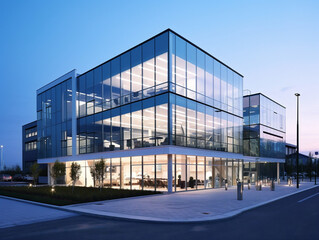 A modern glasswalled office building showcasing a sleek and contemporary design with urban surroundings.