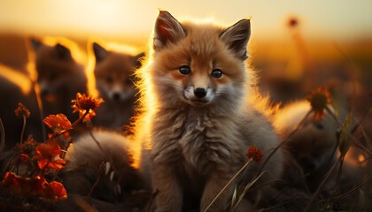 Fototapeta premium Cute puppy sitting in grass, looking at sunset, fluffy fur generated by AI