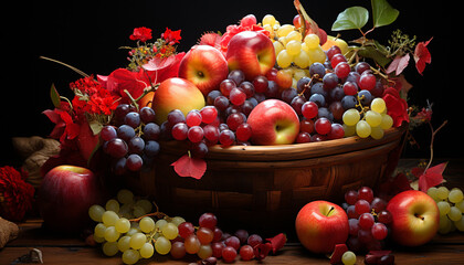Autumn harvest, fresh, ripe fruit in wooden basket generated by AI