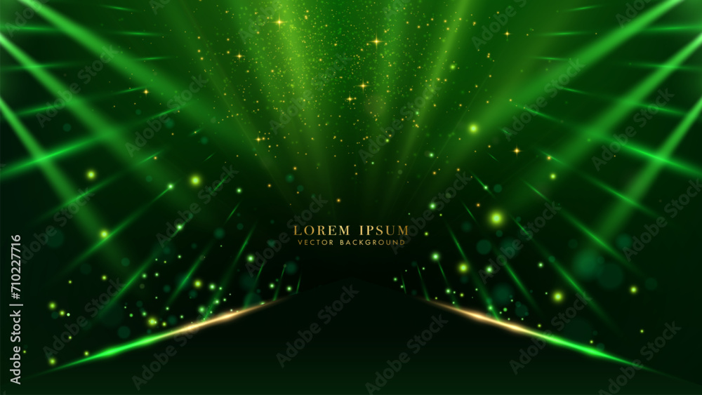 Sticker abstract glowing green light rays with sparkle effect on dark green background