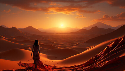 One person walking in the tranquil desert at sunset generated by AI