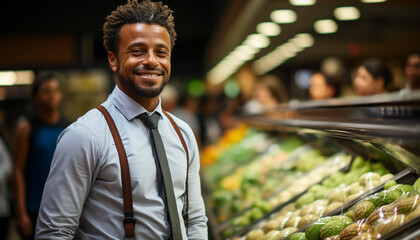 Fototapeta premium Smiling man buying groceries in a supermarket generated by AI