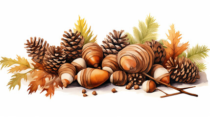 acorns and pinecones add illustration of acorns and pinecones on white background