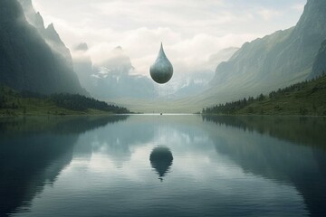 A lake resembling a water droplet nestled in pristine surroundings, symbolizing nature's capacity to retain and cleanse water. Generative AI