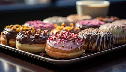 Freshly baked donut with chocolate icing and sprinkles generated by AI