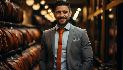 Fototapeta premium Confident businessman in suit smiling, looking at camera generated by AI