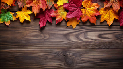 Naklejka na ściany i meble simple autumn background design with colorful leaves on wooden background