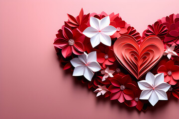 Fototapeta premium Art of Love: St. Valentine's Day greeting cards made from heart-shaped flower paper art and origami generative ai