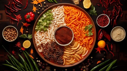 Obraz na płótnie Canvas A top-down view of Mapo noodles surrounded by vibrant spices arranged in a geometric pattern.