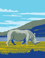 Art Deco or WPA poster of a white rhinoceros, square-lipped rhinoceros or Ceratotherium simum in Lake Nakuru National Park in Kenya, Africa done in works project administration style.
- 710229305