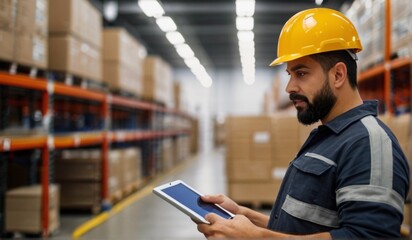 Male Worker Wearing Hard Hat Holding Digital Tablet Computer Walking Through Retail Warehouse full of Shelves with Goods from Generative AI