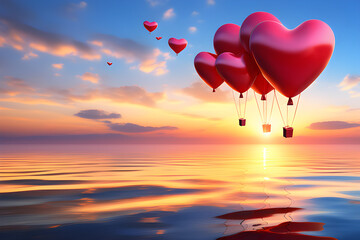 Fototapeta premium Flight of Hearts: Cute St. Valentine's plane presents at sunset decorated with 3D balloons generative ai