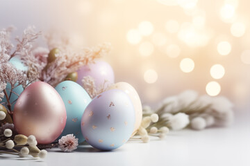 Fototapeta na wymiar Pastel colored Easter eggs and flowers on sunny light background. Moody atmospheric image. Generative AI
