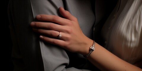 Close up of beloved wife hand on husband arm