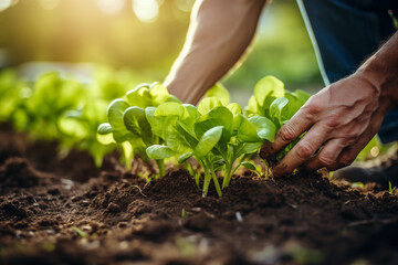 Farmer's Hand Planting Young Lettuce Seedlings in Vegetable Garden. Seedling plant. Generate AI - obrazy, fototapety, plakaty