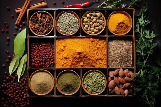 Indian spices used in Indian cooking sush as masala hot curry whole spices like turmeric. Top view of spices in boxes. Generative AI
