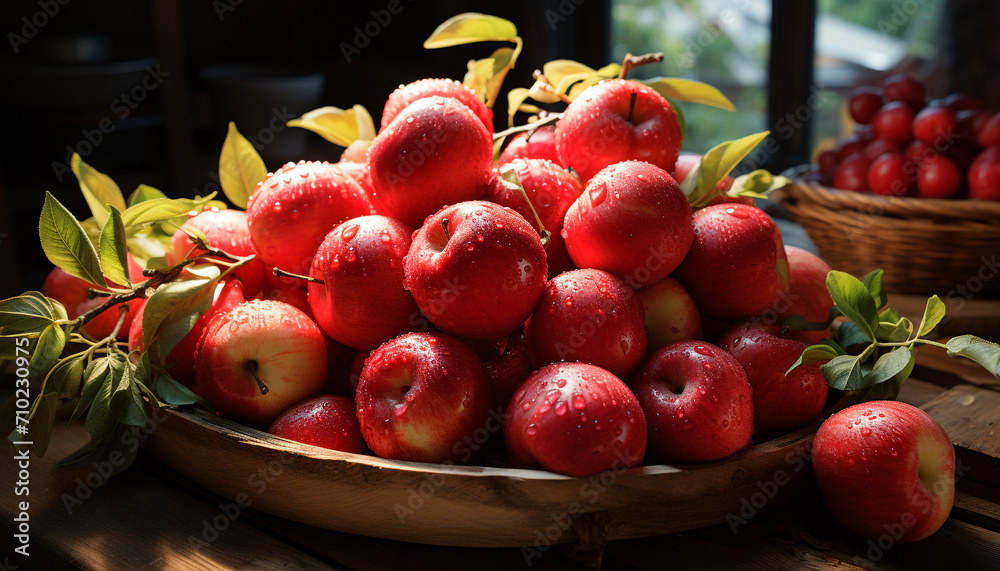 Sticker fresh fruit on wooden table, nature healthy snack generated by ai