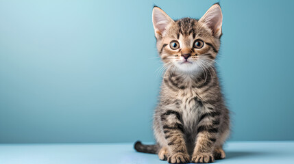 Studio portrait of a sitting curious kitten cat looking forward against a blue background