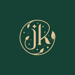 beauty letter JK logo design. Vector illustration letter JK with leaf logo. fantasy fiction logo design vector icon template