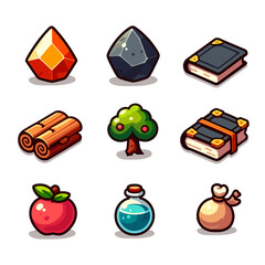 Cartoon game icon set with stone and food. UI Award Design. Cartoon Icons Set with Stone, Food, and 2D Treasure Elements