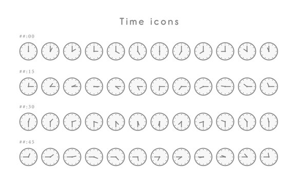 時間毎の時計アイコン素材セット(1時間・15分・30分・45分) モノクロ