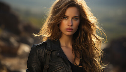 Young woman outdoors, looking at camera, smiling generated by AI