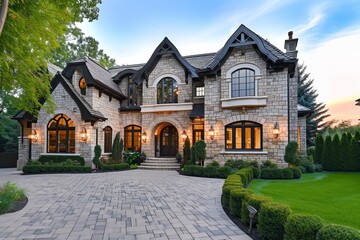 Fototapeta na wymiar Exterior of Luxurious Stone Mansion Home with Brick Driveway and Beautiful Landscaping at Twilight