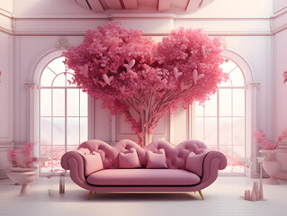 Luxury interior of a pink vintage hall with pink columns. 3d rendering valentine style
