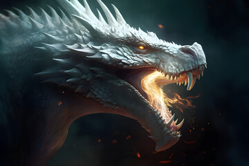 an abstract image of a white dragon with its mouth open with fire glowing from inside its throat
