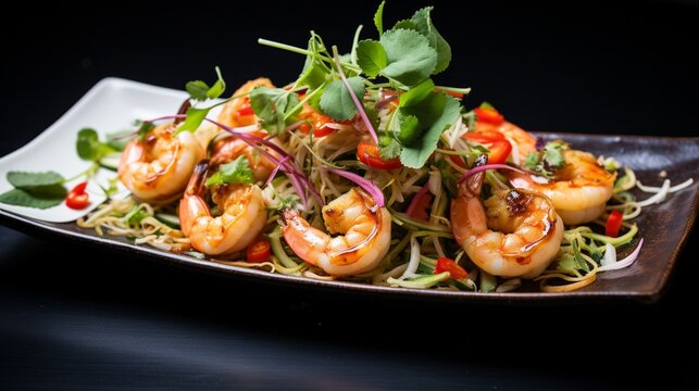 Pad Thai arranged on a modern platter, the shrimp garnished with microgreens, creating a visually sophisticated and appealing image.