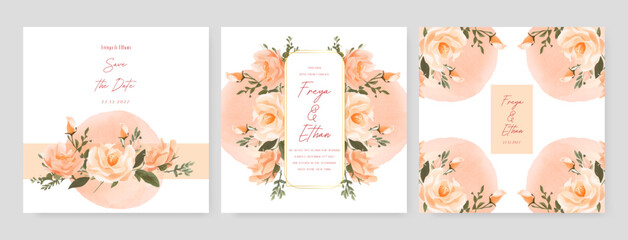 Peach white beautiful wedding invitation card template set with flowers and floral. Wedding floral watercolor background with square post template and social media