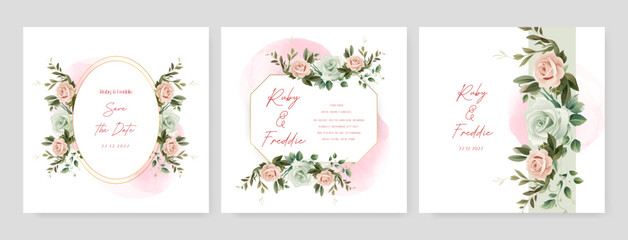 Pink and green rose vector elegant watercolor wedding invitation floral design. Wedding floral watercolor background with square post template and social media