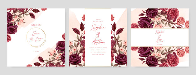 Red rose modern wedding invitation template with floral and flower. Wedding floral watercolor background with square post template and social media