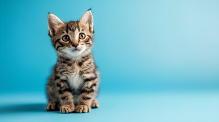 Studio portrait of a sitting curious kitten cat looking forward against a blue background