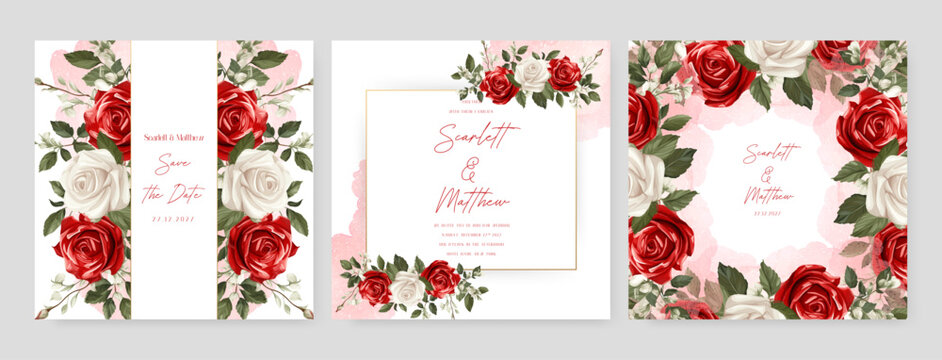 Red and white rose wedding invitation card template with flower and floral watercolor texture vector. Wedding floral watercolor background with square post template and social media