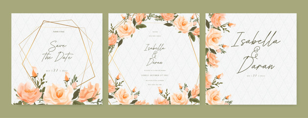 Peach rose elegant wedding invitation card template with watercolor floral and leaves. Wedding floral watercolor background with square post template and social media