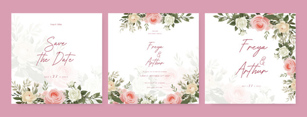 Pink and white rose artistic wedding invitation card template set with flower decorations. Wedding floral watercolor background with square post template and social media