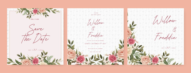Pink rose wedding invitation card template with flower and floral watercolor texture vector. Wedding floral watercolor background with square post template and social media