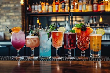 A variety of cocktails and artisanal drinks on a bar counter With vibrant colors and stylish presentation - obrazy, fototapety, plakaty